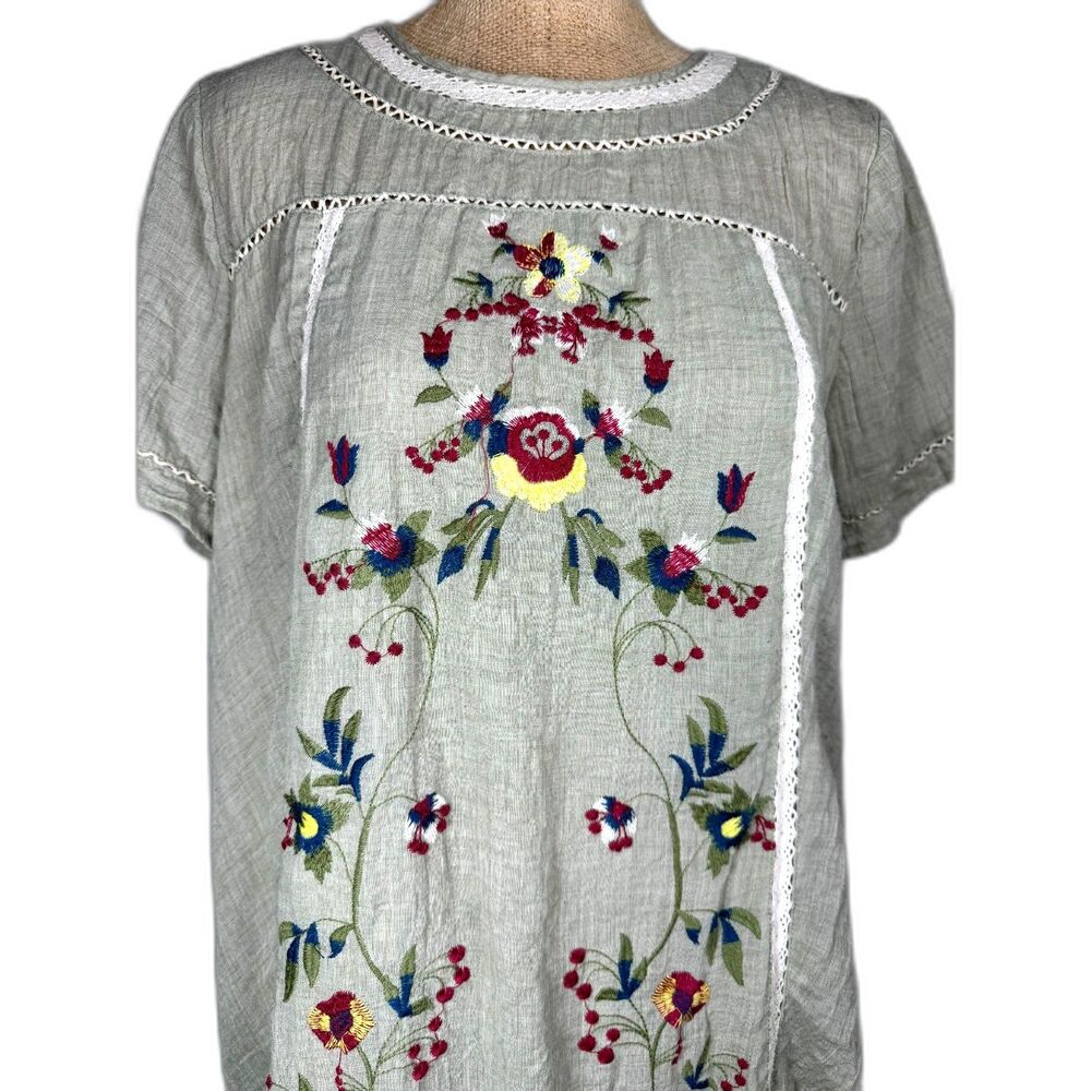 UMGEE Sage Green Boho Floral Embroidered Short Sleeve Lined Tunic Dress SZ M